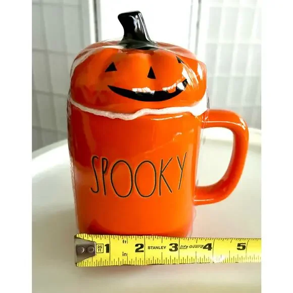 Rae Dunn Halloween Pumpkin Mug w/ Lid “Spooky” Jack-O-Lantern Orange Ceramic NEW - Picture 6 of 6